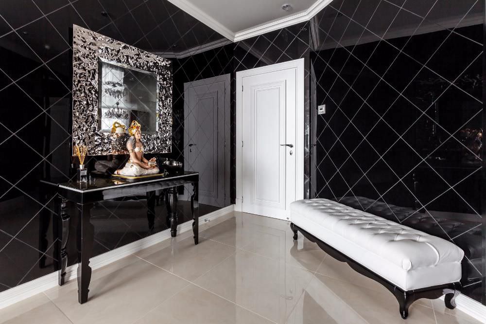 Ceramic floor in the hall with black walls