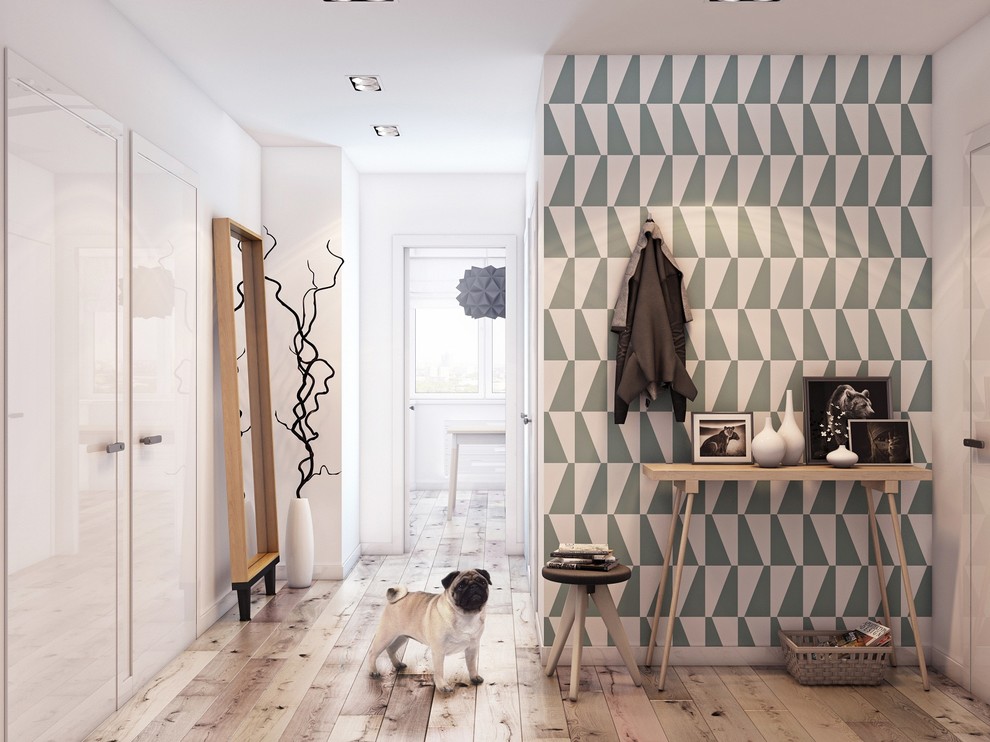 Lacquered pine floor in a Scandinavian style hallway