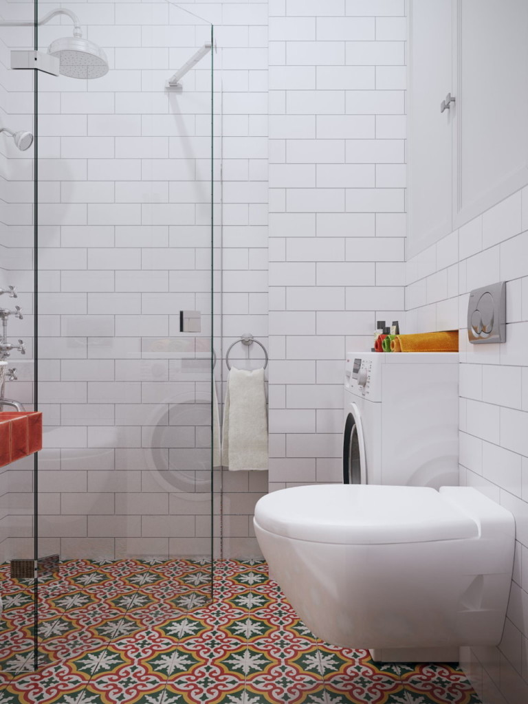 Toilettes suspendues dans la salle de bain avec douche