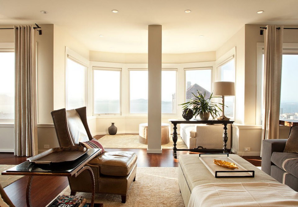 Bay window in a spacious living room of a country house