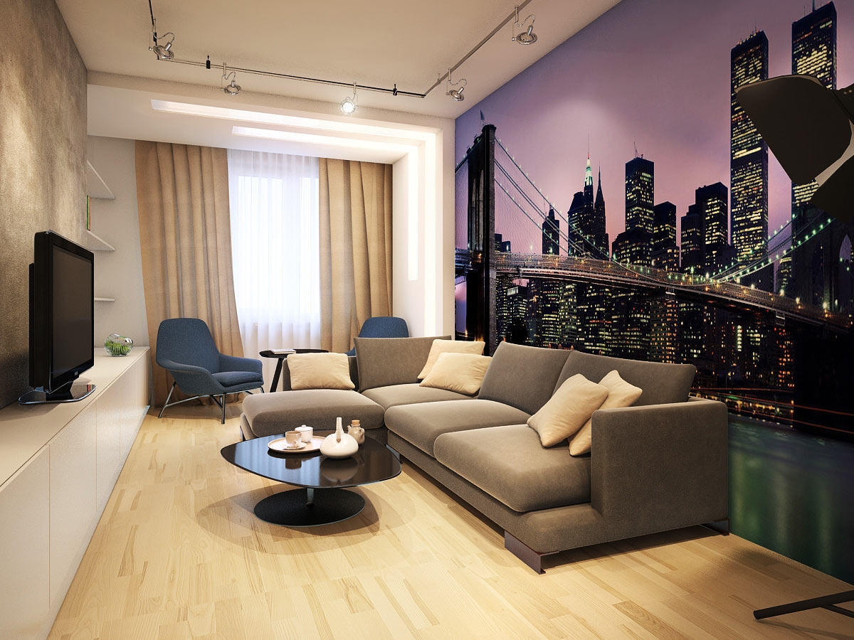 Wall mural in a narrow living room