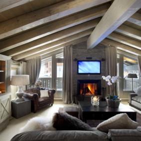 Photo de conception de salon de style chalet