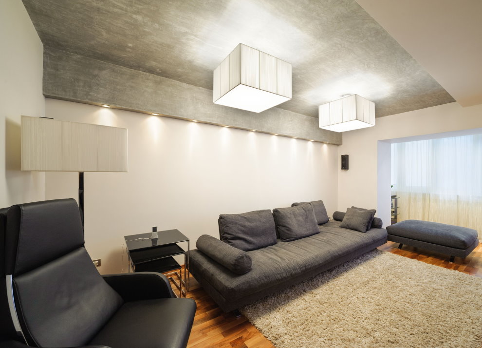 Gray ceiling in a living room of 25 sq m