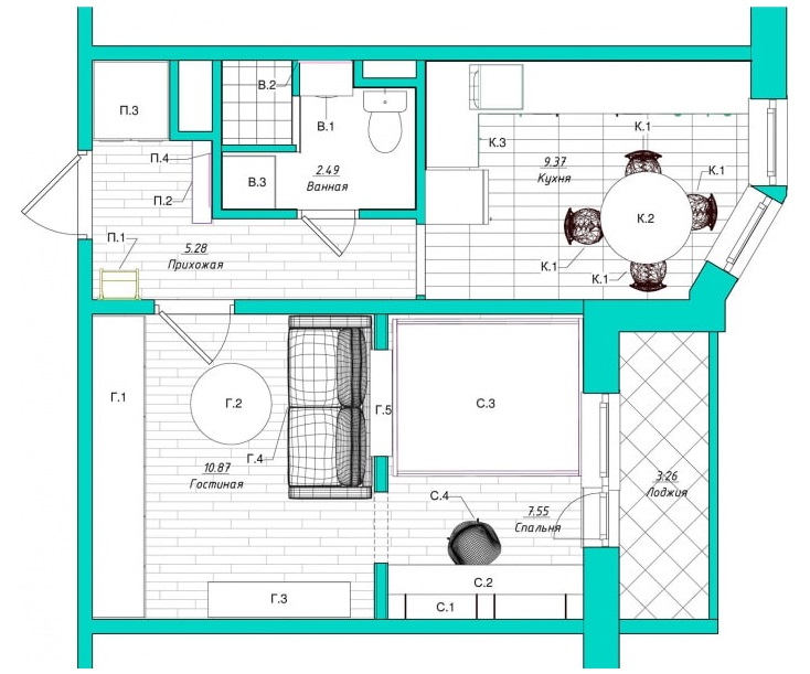 Schéma de réaménagement d'un studio d'une superficie de 38 m²