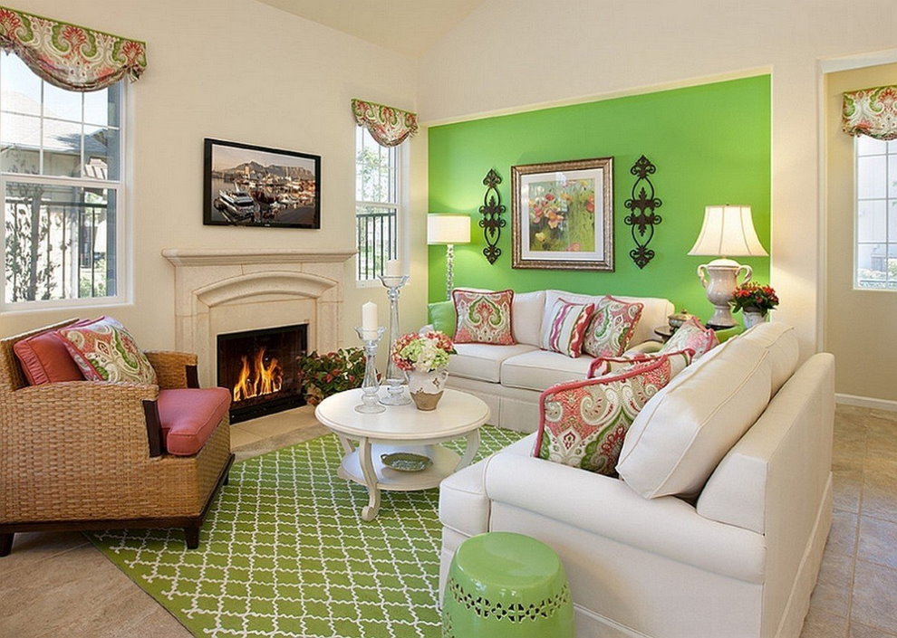 Green wall in the living room of a country house