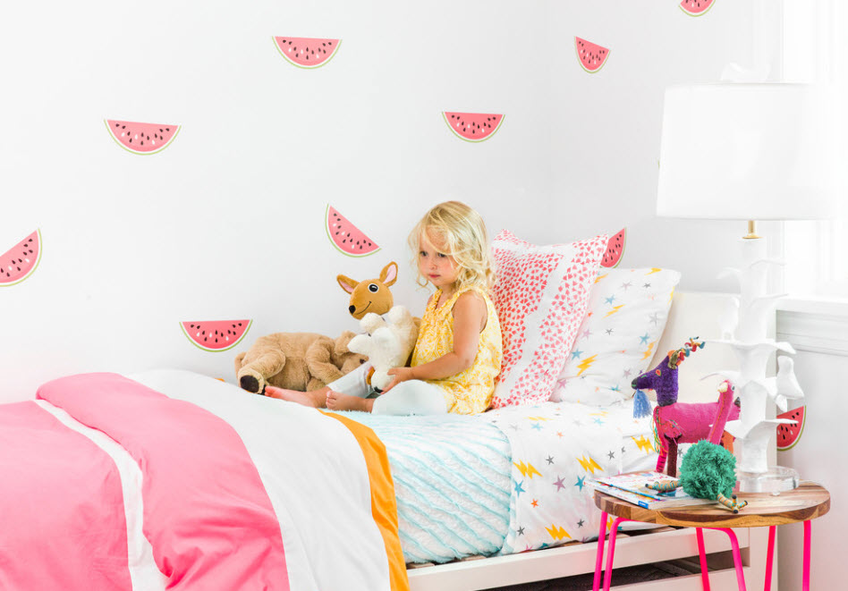 Slices of watermelons on bright wallpaper in a children's room