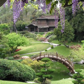 Pont en bois sur l'étang dans le jardin