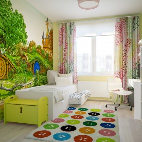 Multi-colored buttons on a rug in a nursery