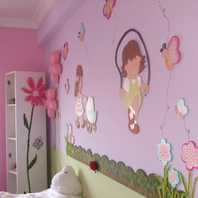 Pink wall with flowers and butterflies