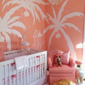 Images of palm trees on a pink wall