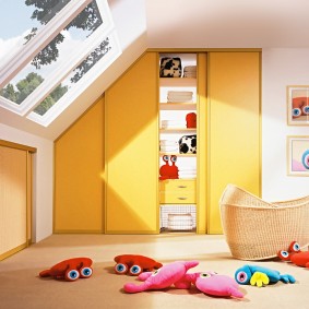 Yellow closet in the attic of a private house