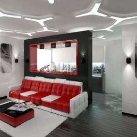 Red and white sofa in the living room