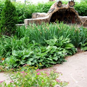 Hôtes sur un parterre de fleurs ombragé d'un chalet d'été