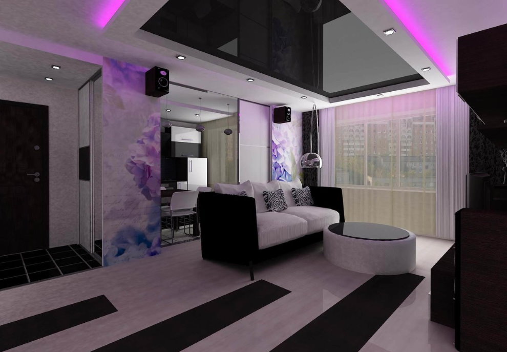 Plafond tendu noir dans une salle de style high-tech