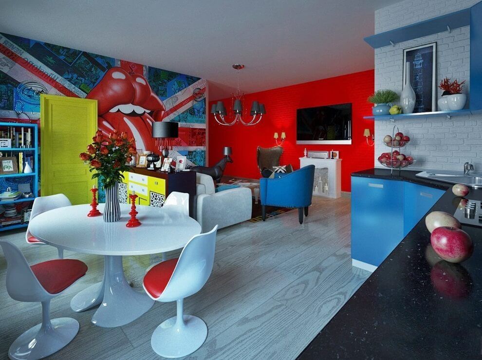 Bright murals in the pop art style kitchen-living room