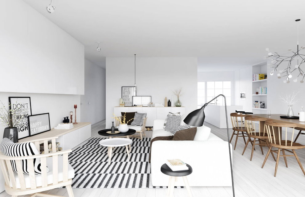 Soffitto bianco in monolocale in stile scandinavo