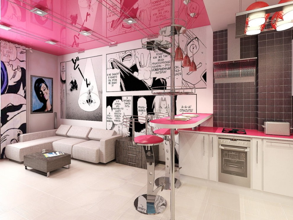 Plafond tendu dans une salle de style pop art lumineux