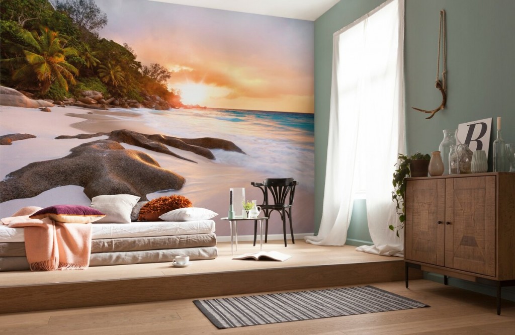 Wall mural in the interior of a modern bedroom