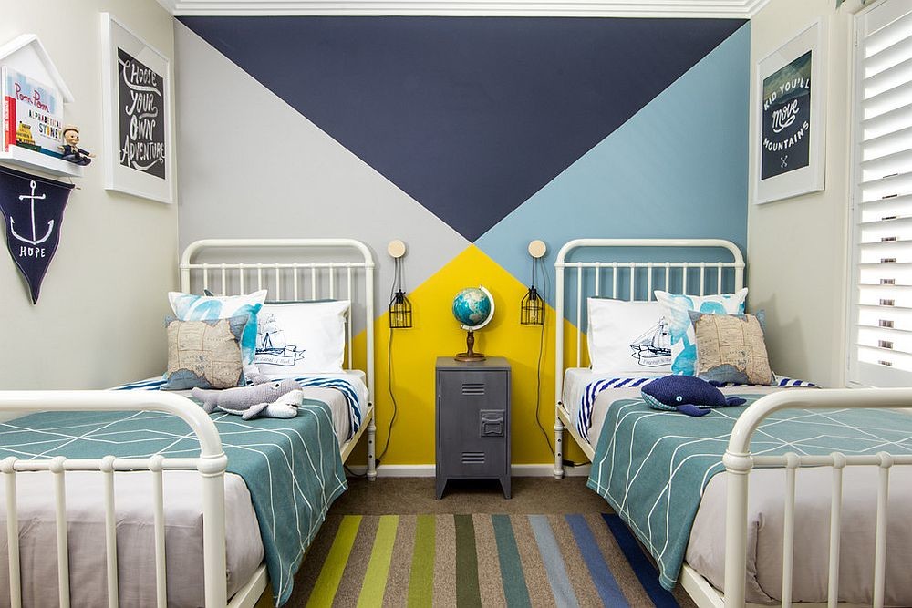 Bright triangles on the wall of the room for boys