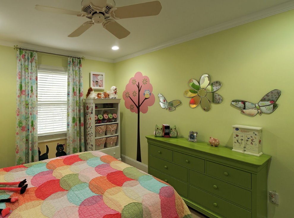 Green chest of drawers on a background of light green walls