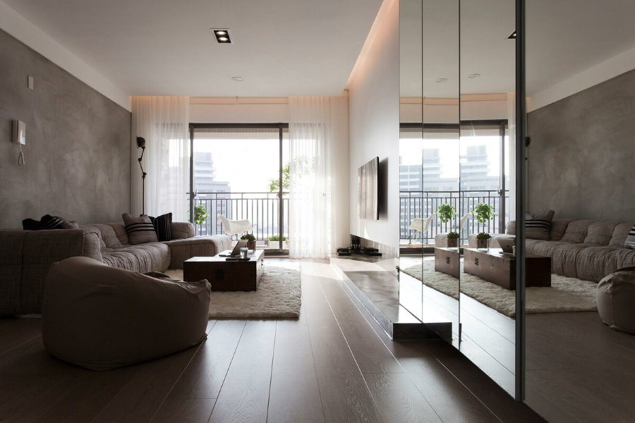 Mirrors in the interior of a modern living room