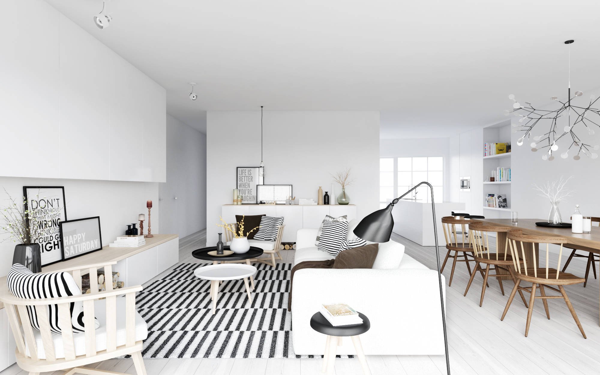 black and white studio apartment interior