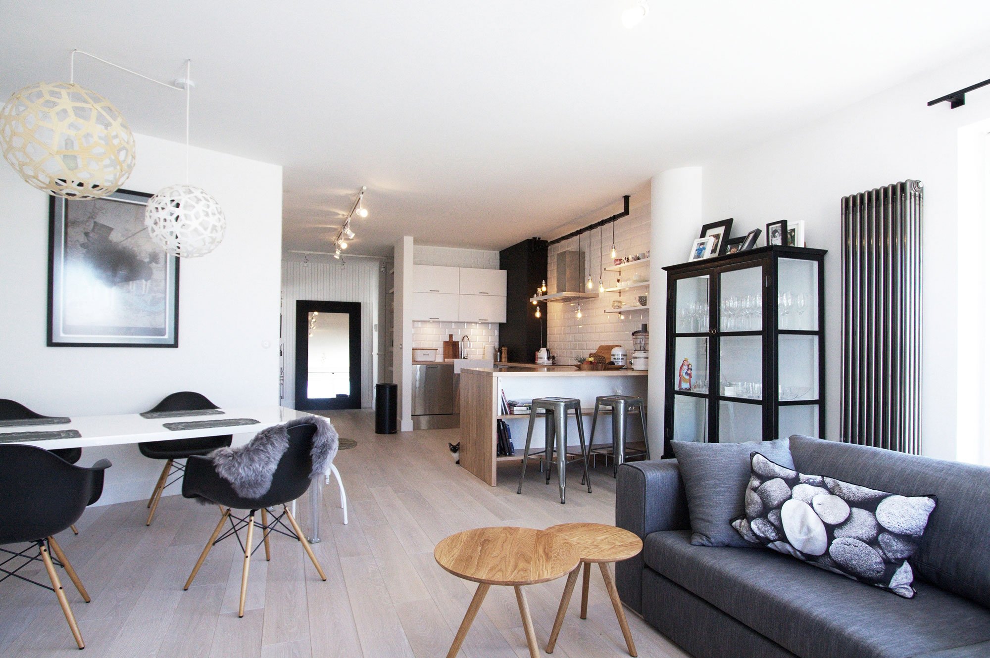 black and white apartment interior