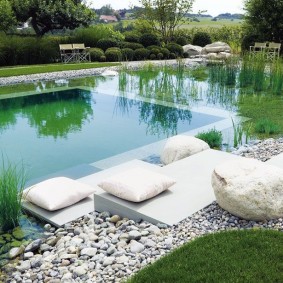 Concrete slabs near a stationary pool