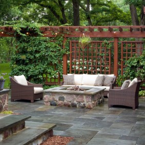 Pergola with climbing plants behind a recreation area