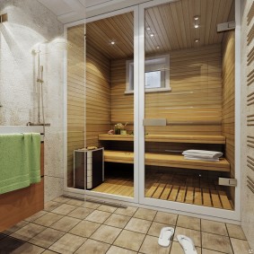 Porte battante en verre dans un sauna compact