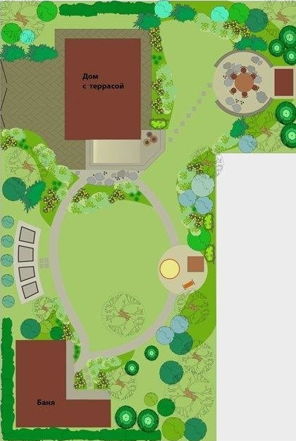 Scheme of the L-shaped summer cottage with a house and a bath