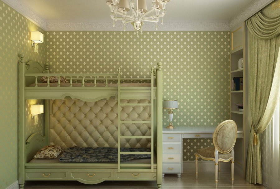 Intérieur de chambre de bébé de style classique avec papier peint vert