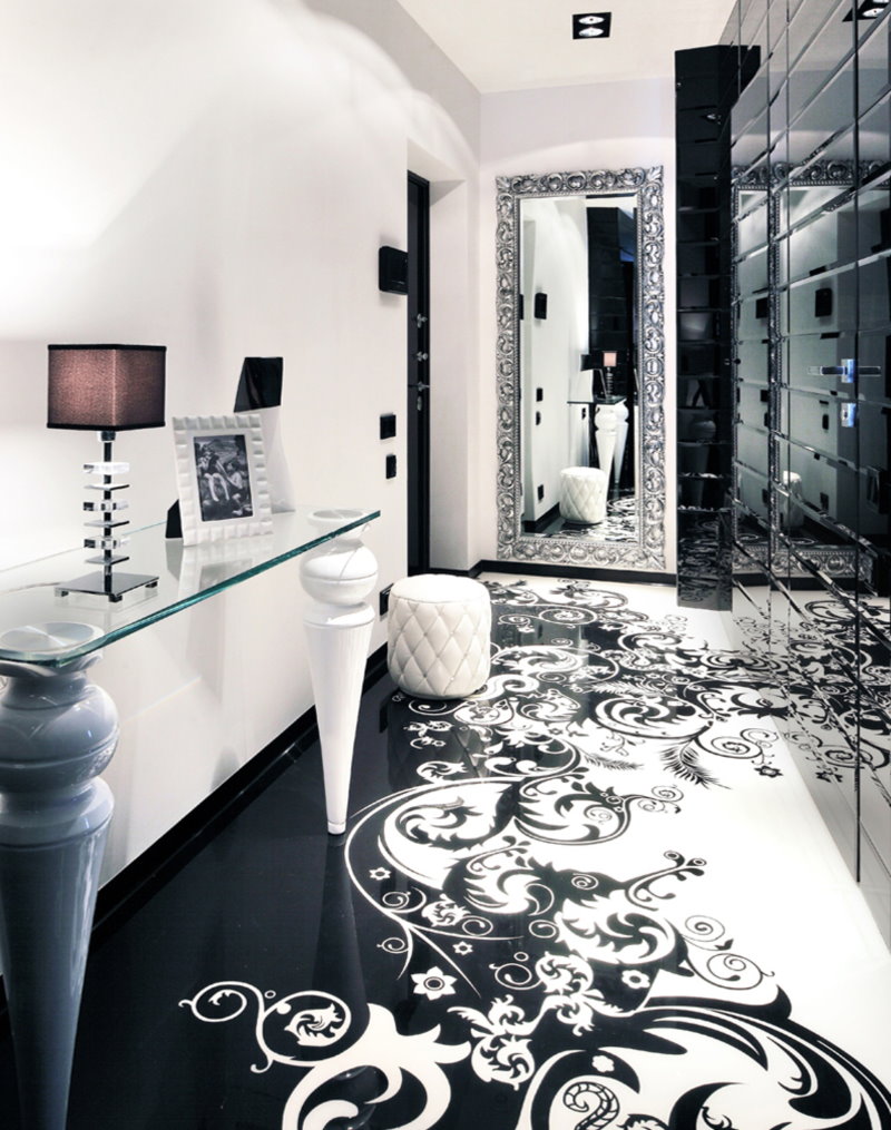 Black and white bulk type floor in the corridor of the apartment