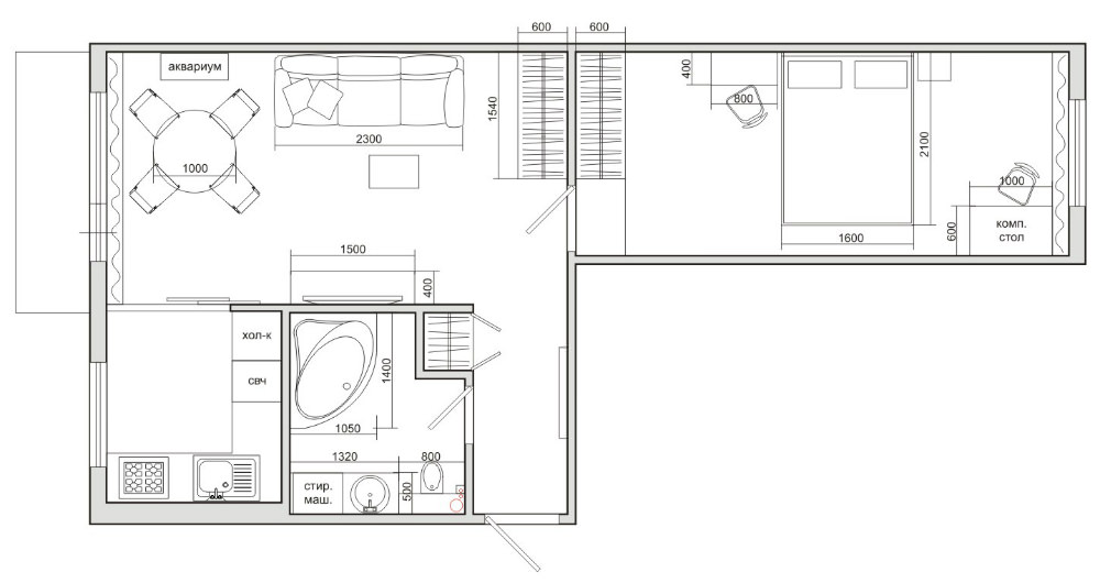 Plan d'un Khrouchtchev à deux pièces dans une maison en briques