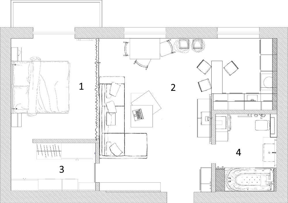 Schema di riqualificazione di stalinka di 70 mq in un monolocale