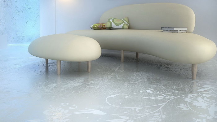 Designer furniture on the polymer floor in the living room