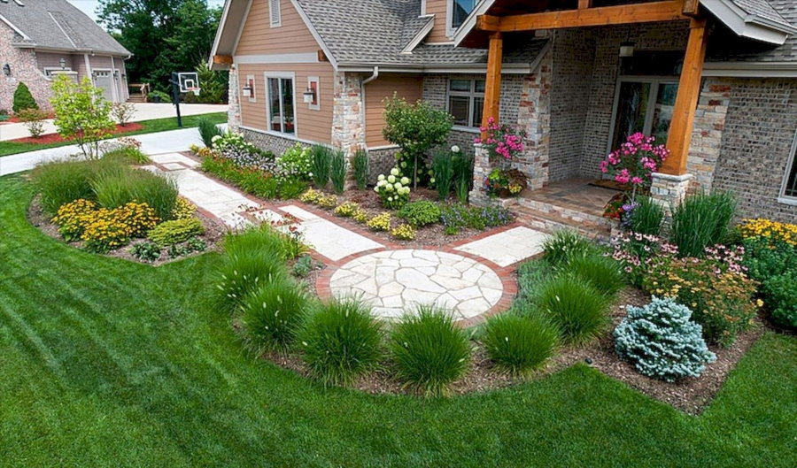 Landscaped area in front of a country house