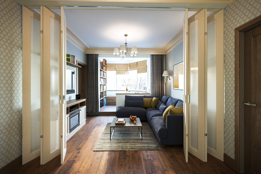 Portes pliantes dans le salon d'un appartement de deux chambres