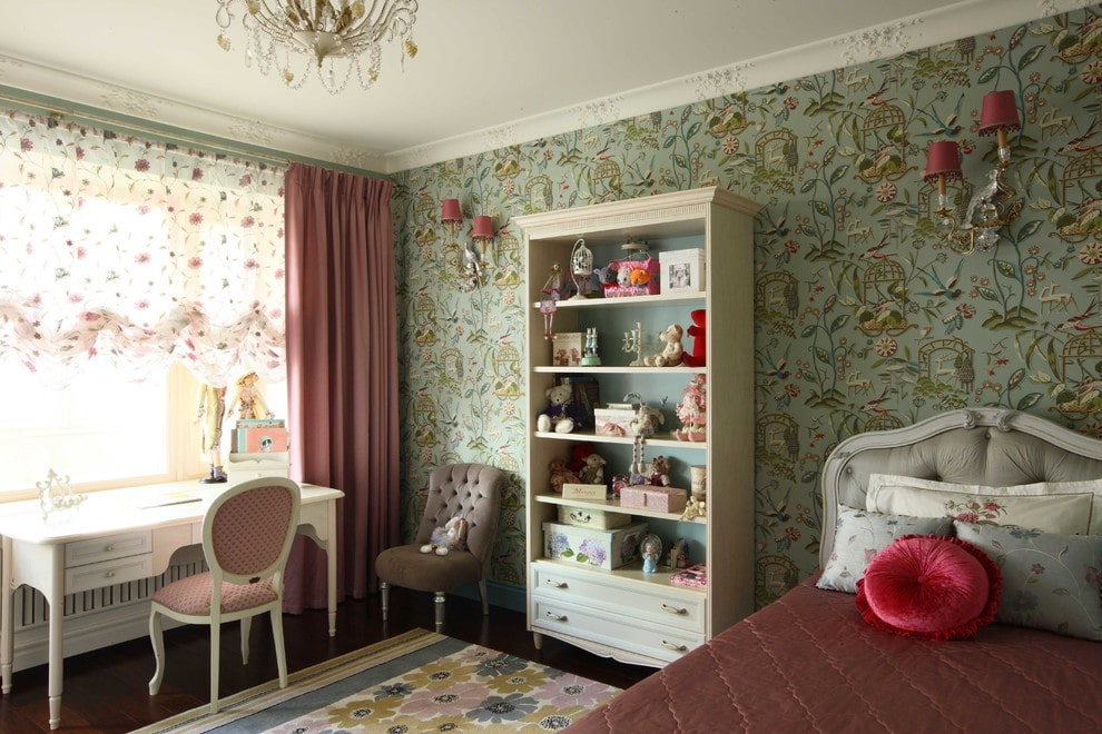 Dresser with open shelves in the girl's room