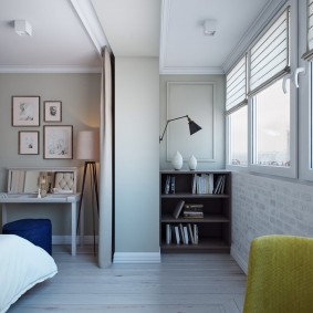 Bookcase with shelves in the corner of the balcony