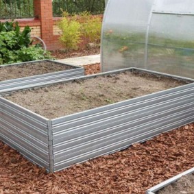 Paillage avec un éclat de la surface de la terre entre les parterres de jardin