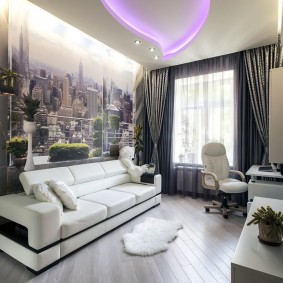 Wall mural in a gray living room