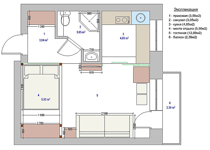 Diagram of a one-room stalinka after repair